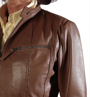 SL10011756 - Ladies Tan Leather Hip Length Biker Jacket